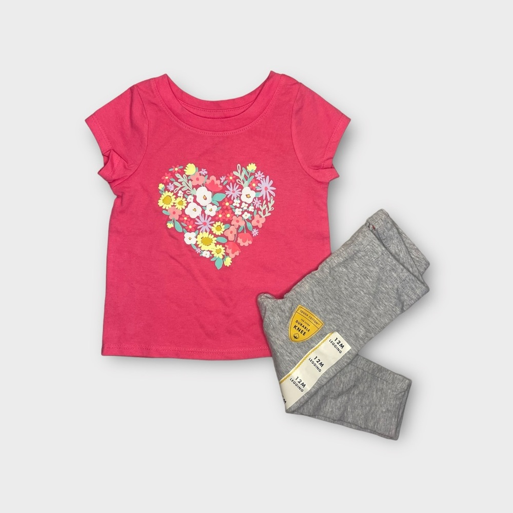 Cat & Jack Heart Floral Graphic Pink Top & Gray Durable Knee Leggings Bundle
